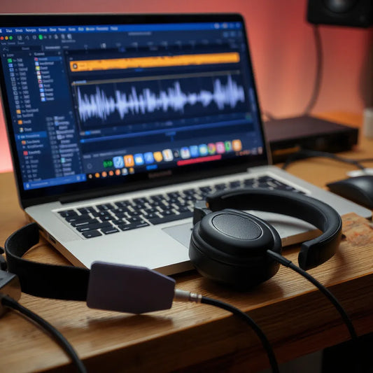 Studio headphones beside a laptop with multitrack waveforms and organized audio asset icons