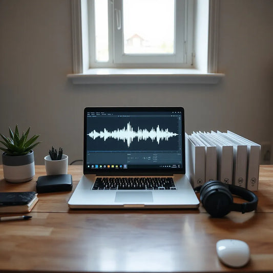 Minimal studio desk with headphones, laptop showing waveforms, and organized sample folders