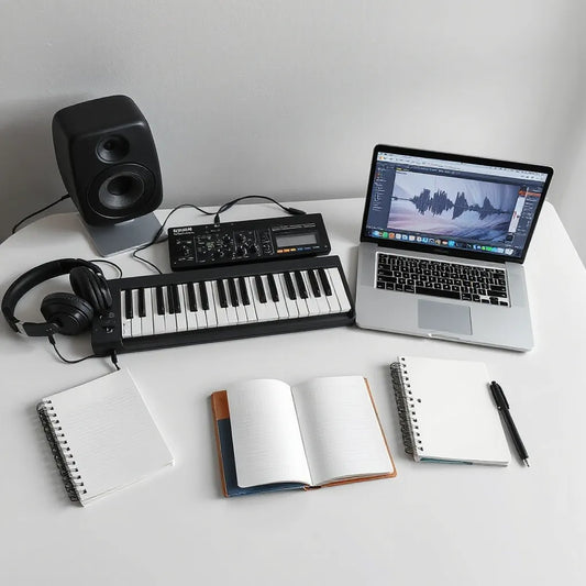 Studio desk setup with headphones, MIDI controller, audio interface, and laptop showing waveforms