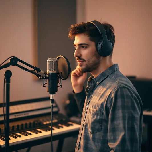 Vocalist performing into a studio microphone with headphones in a warm music production room