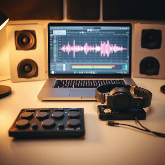 Laptop with audio waveform, studio headphones, and drum sample discs on a clean music desk
