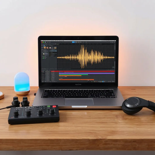 Laptop on a music studio desk showing waveform visuals with headphones and a MIDI controller nearby
