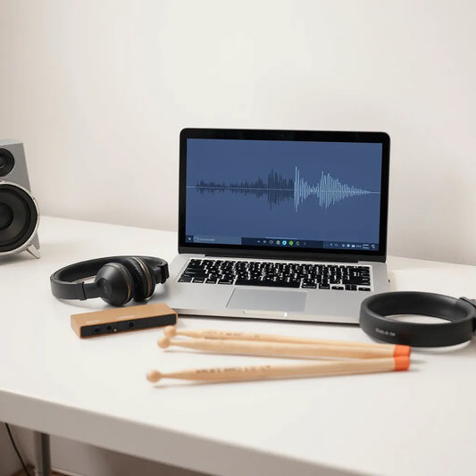 Studio desk with laptop waveform, audio interface, and headphones, ready for log drum WAV sample editing