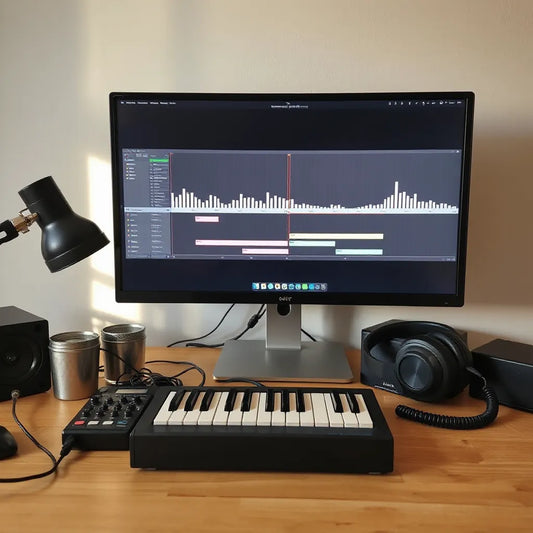 Studio desk with multi-track audio timeline display, MIDI keyboard, and headphones for mixing layers