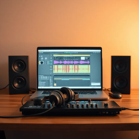 Music production workstation with studio headphones, audio interface, and studio monitors
