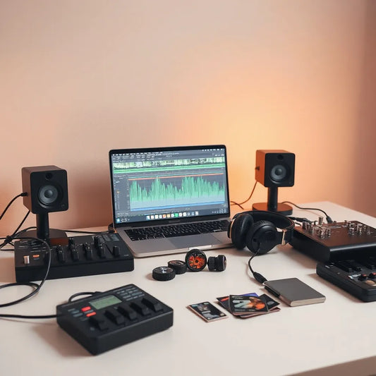 Music studio workspace with laptop, MIDI controller, headphones, and synth gear for producing tracks