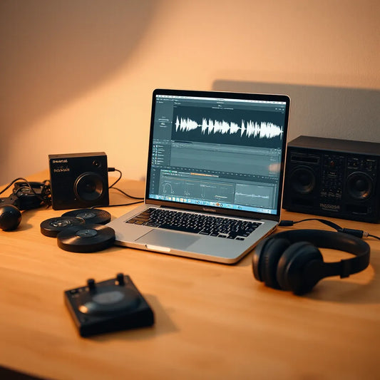 Music production desk with a laptop showing audio waveforms, loop samples, headphones, and a MIDI controller