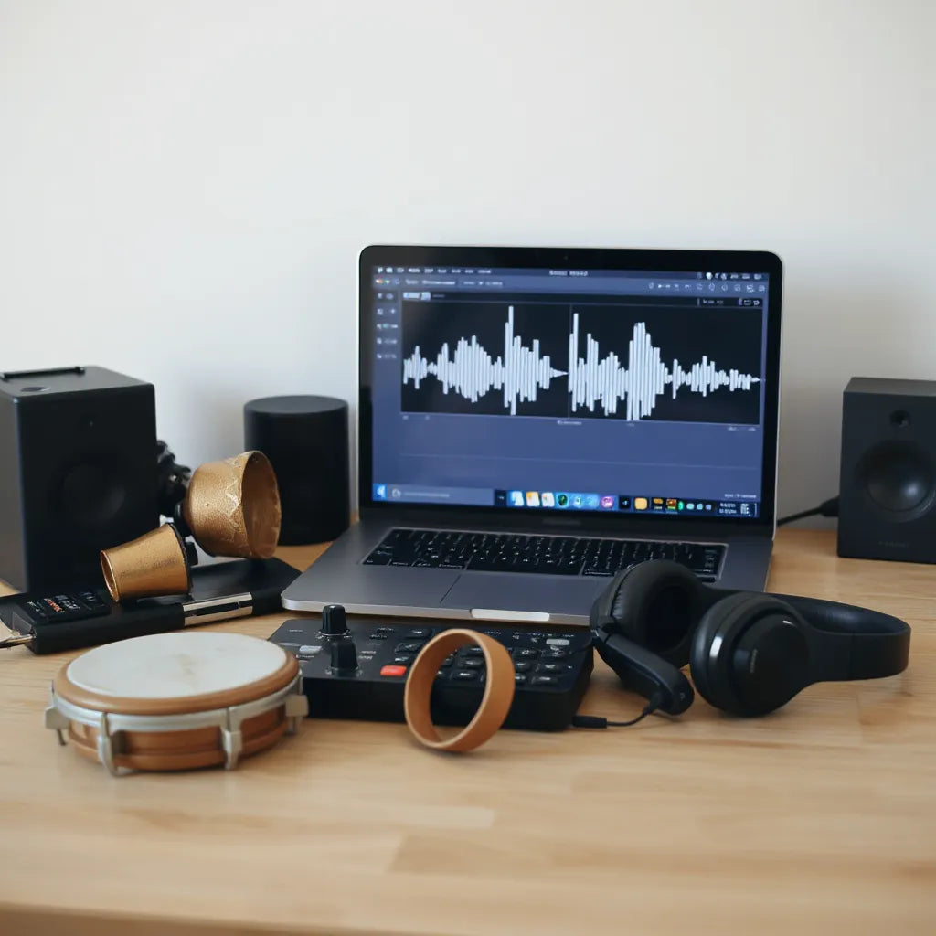 Studio desk with headphones, MIDI controller, and percussion instruments beside a laptop waveform display