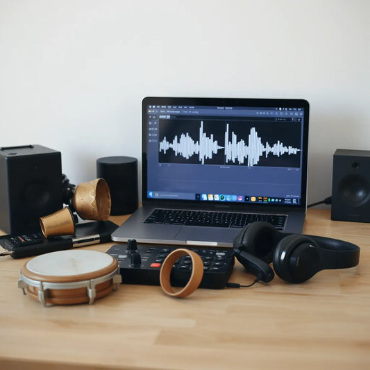 Studio desk with headphones, MIDI controller, and percussion instruments beside a laptop waveform display