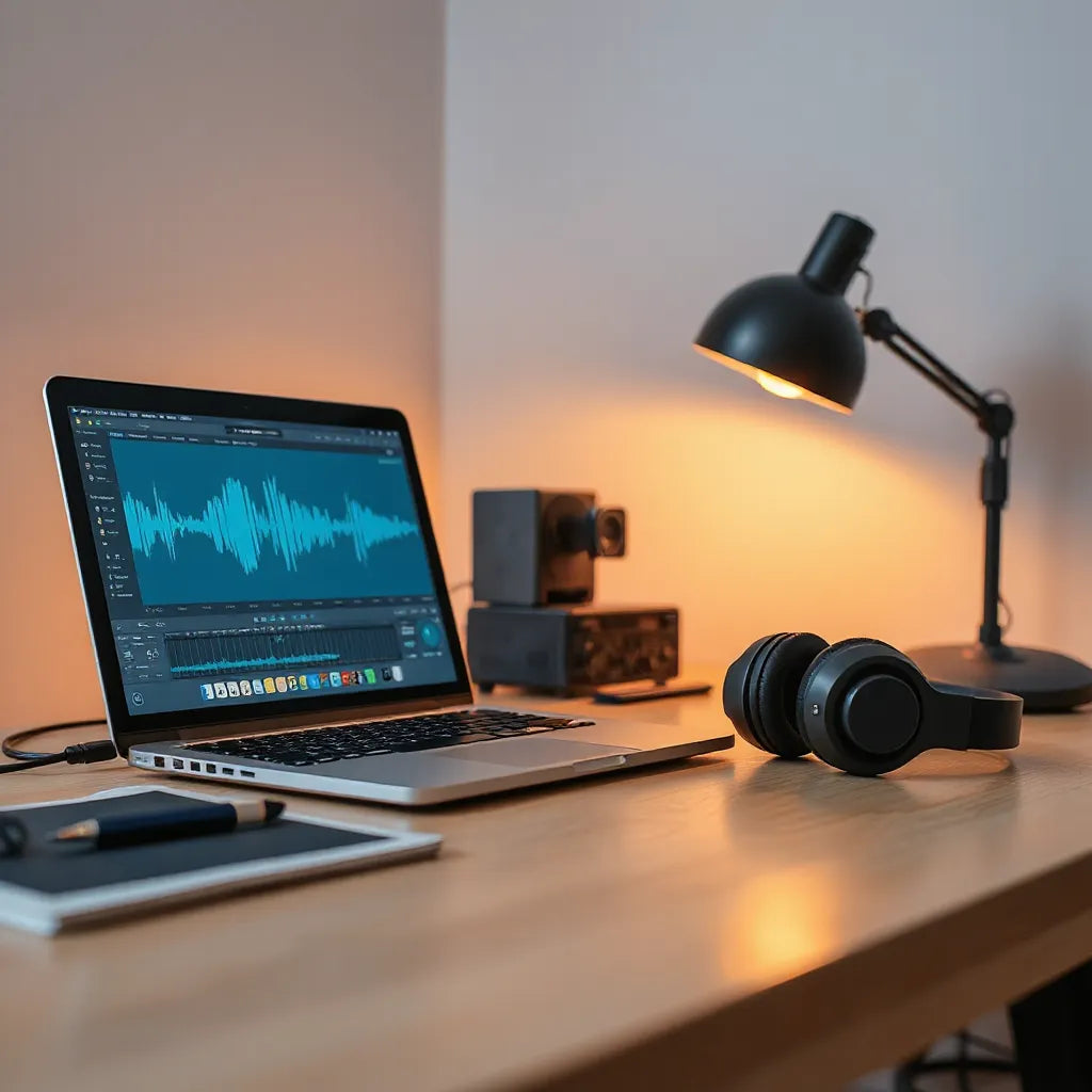 Minimal studio desk with headphones and laptop displaying an audio waveform for drum loop ideas