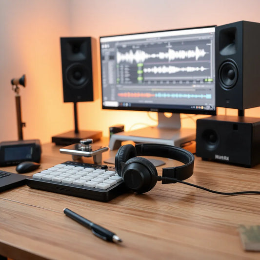 Electronic drum pad and studio setup with waveform controls on a computer screen