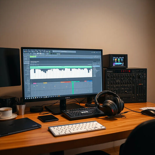 Studio monitor showing drum loop waveforms and MIDI grid, with headphones and drum machine nearby
