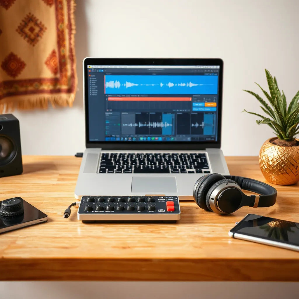 Laptop and studio gear in a music workspace, with an audio plugin interface on the screen