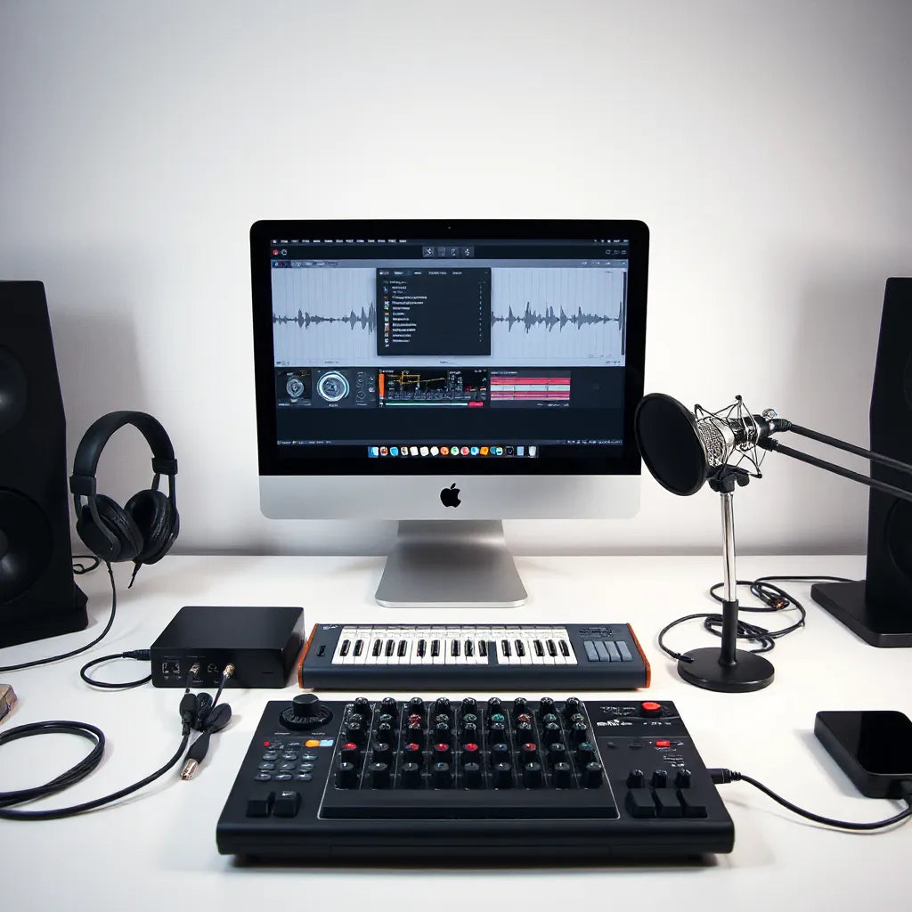 Studio desk with headphones, audio interface, MIDI controller, microphone, and computer showing a DAW interface