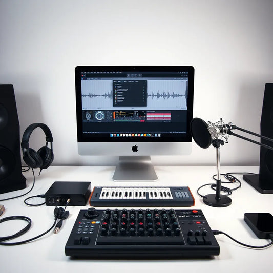 Studio desk with headphones, audio interface, MIDI controller, microphone, and computer showing a DAW interface