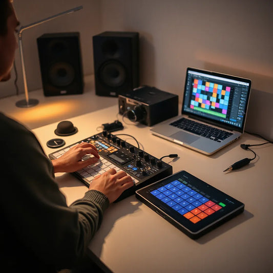 Producer hands adjusting drum machine knobs beside a laptop with rhythm grid waveforms
