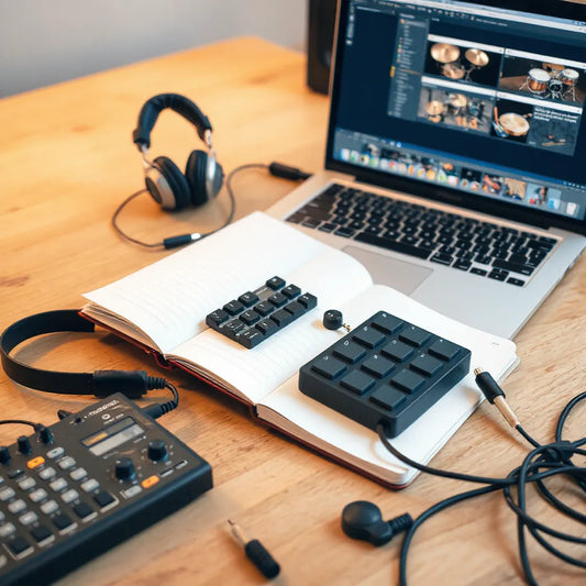 Open music production log next to a drum machine controller and headphones on a studio desk