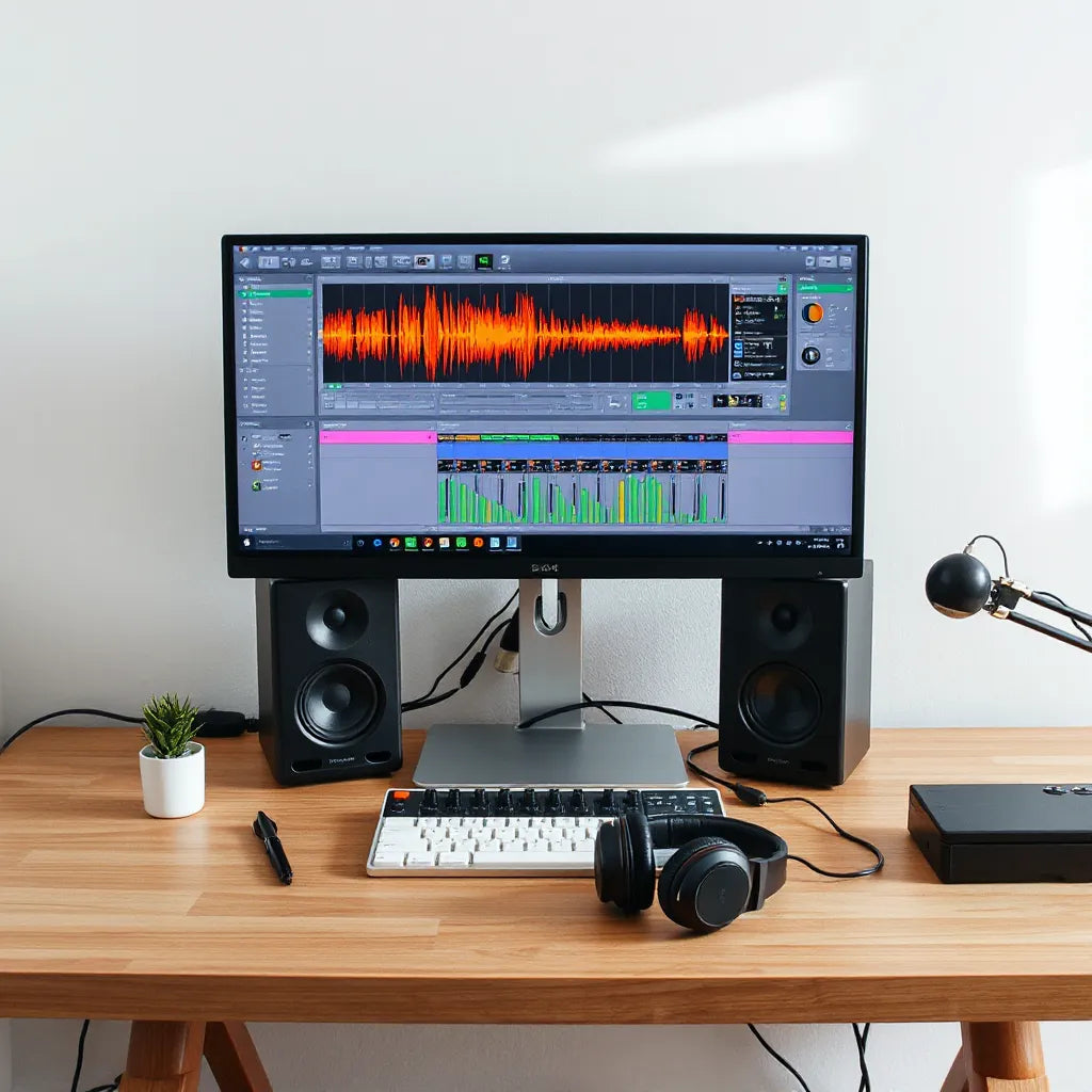 Studio desk with headphones, speakers, and an audio workstation showing waveforms and plugin controls