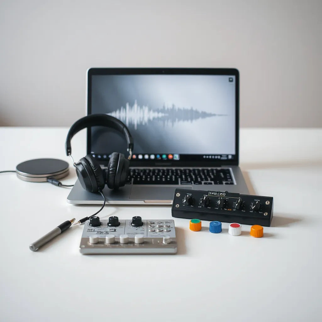 Studio desk with headphones, audio interface knobs, and a laptop showing generic waveform visuals