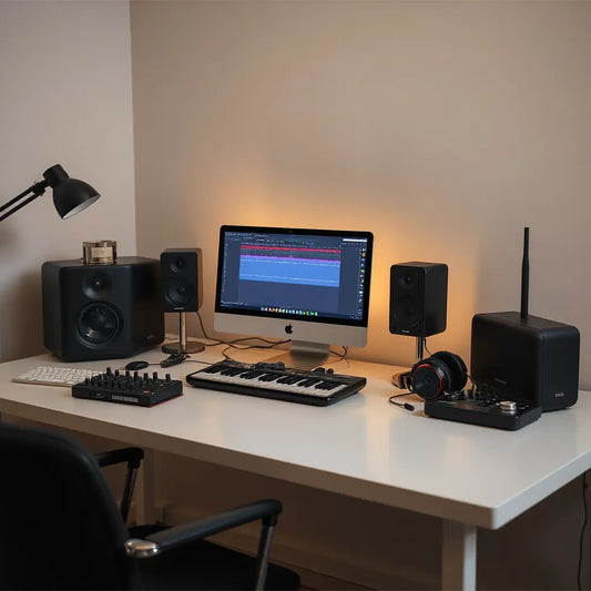 Clean music production desk with DAW computer screen, headphones, MIDI keyboard, and studio monitors