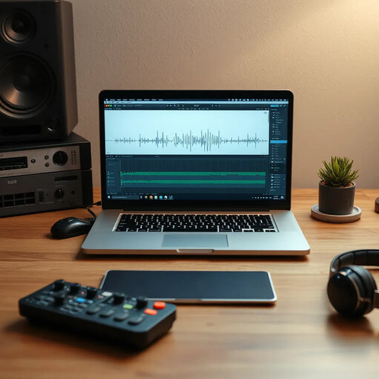 Minimal studio desk with laptop and headphones beside a midi controller for beat production