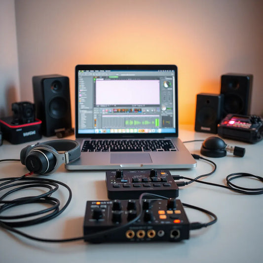 Laptop-based music production setup with headphones and MIDI controller in a warm home studio