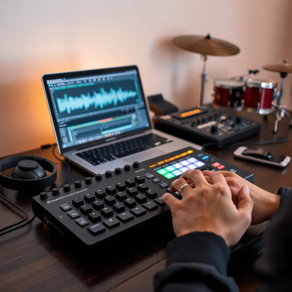 Producer’s hands adjusting drum pads with headphones and laptop waveform in a warm studio setting