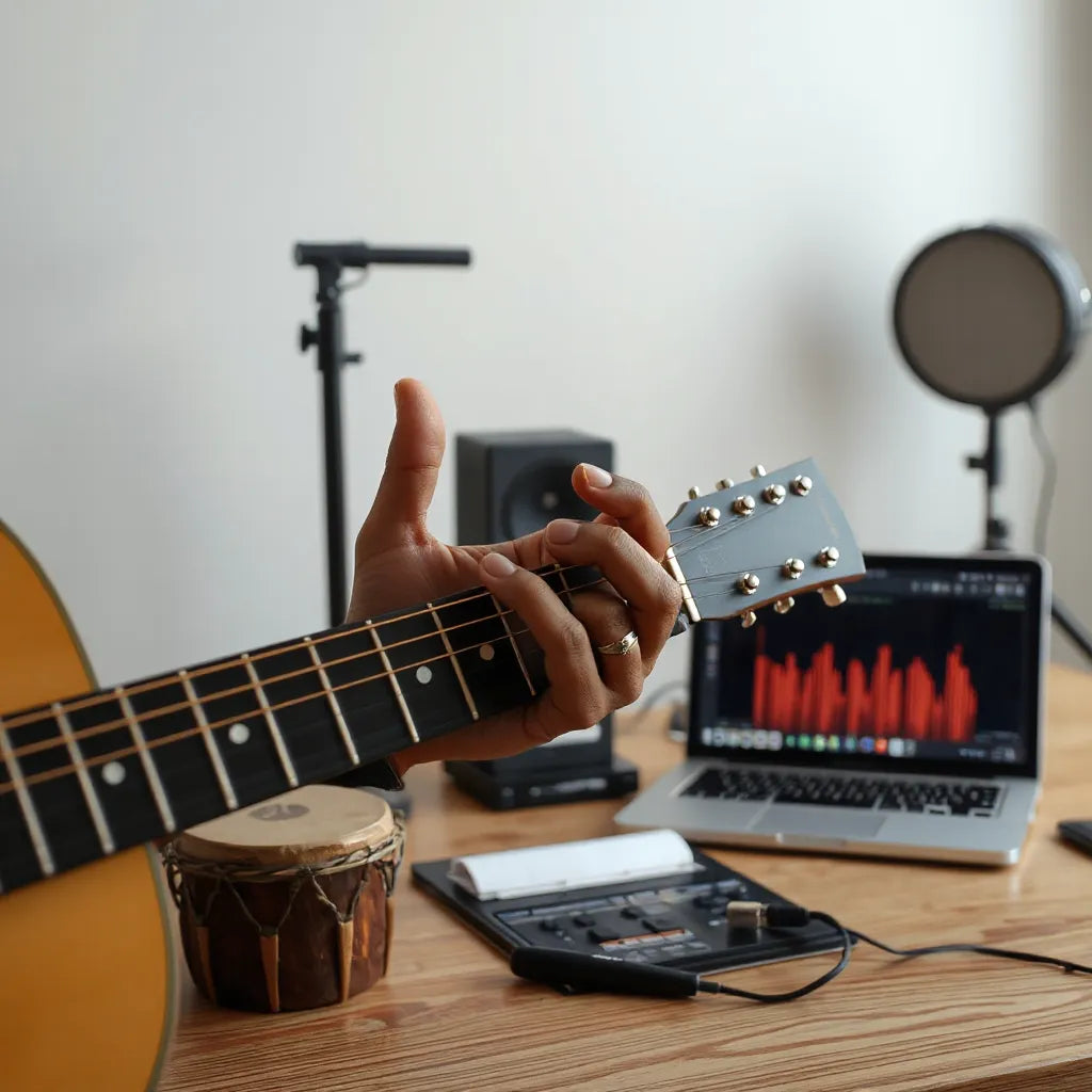 Guitarist’s hand forming a chord on a guitar in a music studio with subtle rhythm instruments nearby