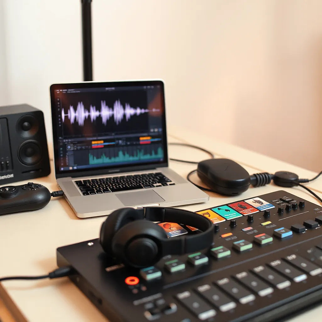 Producer desk with headphones, laptop waveforms, and unlabeled thumbnail sound pack cards