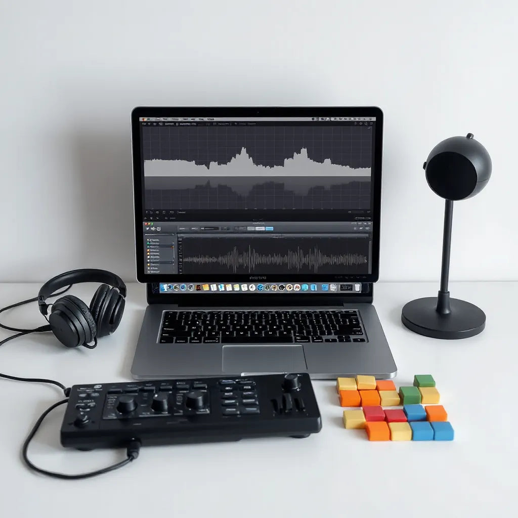 Studio desk with headphones and laptop showing audio waveforms for sample pack downloads