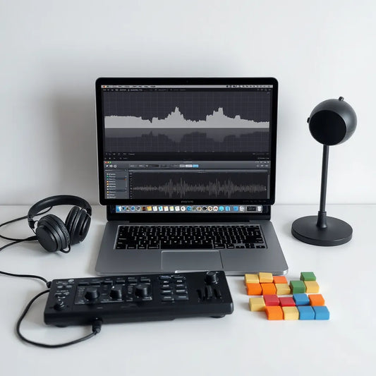 Studio desk with headphones and laptop showing audio waveforms for sample pack downloads