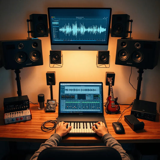 Producer editing a track in a modern studio with studio monitors, MIDI keyboard, and audio interface