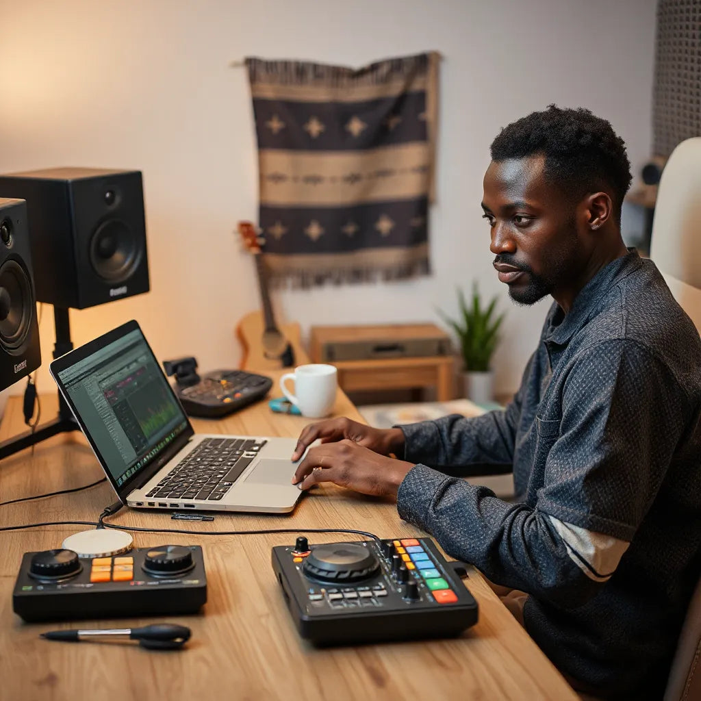 African music producer mixing beats in a home studio with a laptop, audio interface, and studio monitors