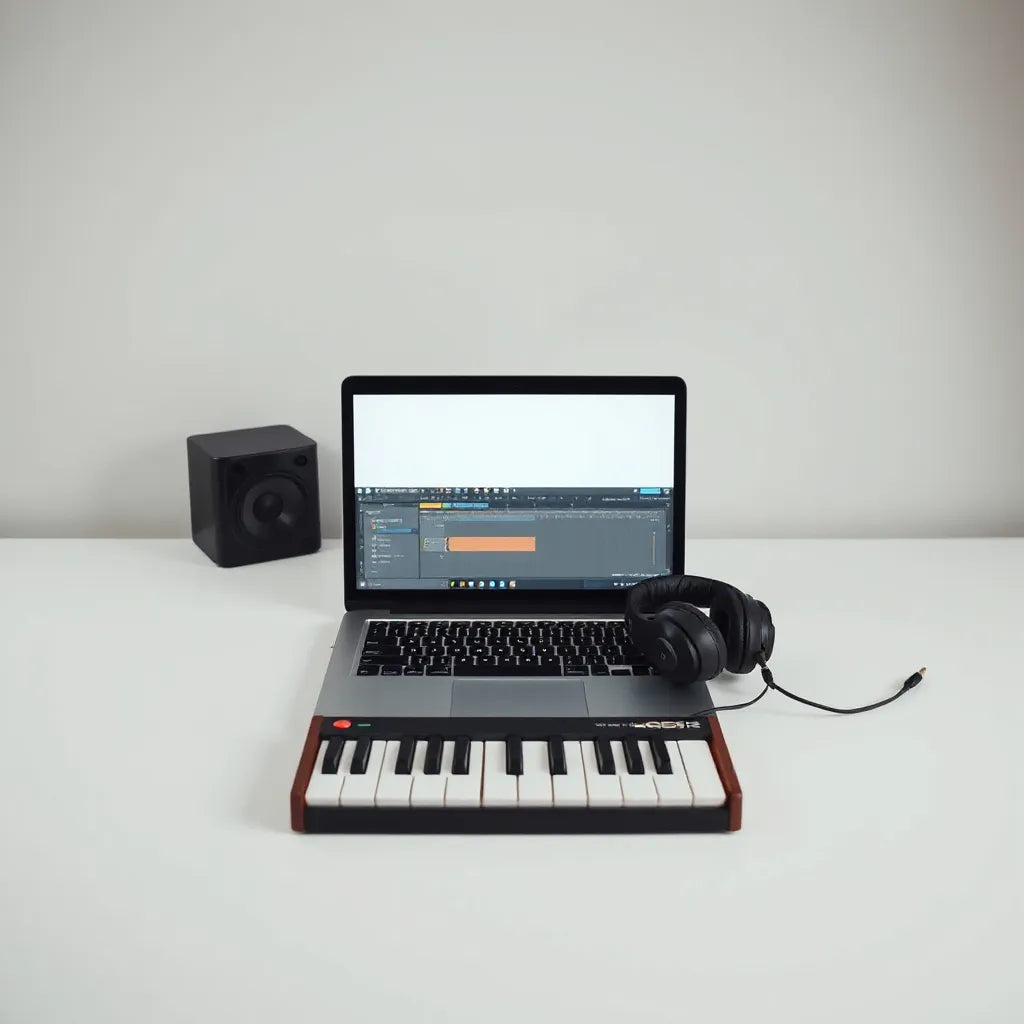 Studio desk with laptop, headphones, and MIDI keyboard representing a downloadable music project.