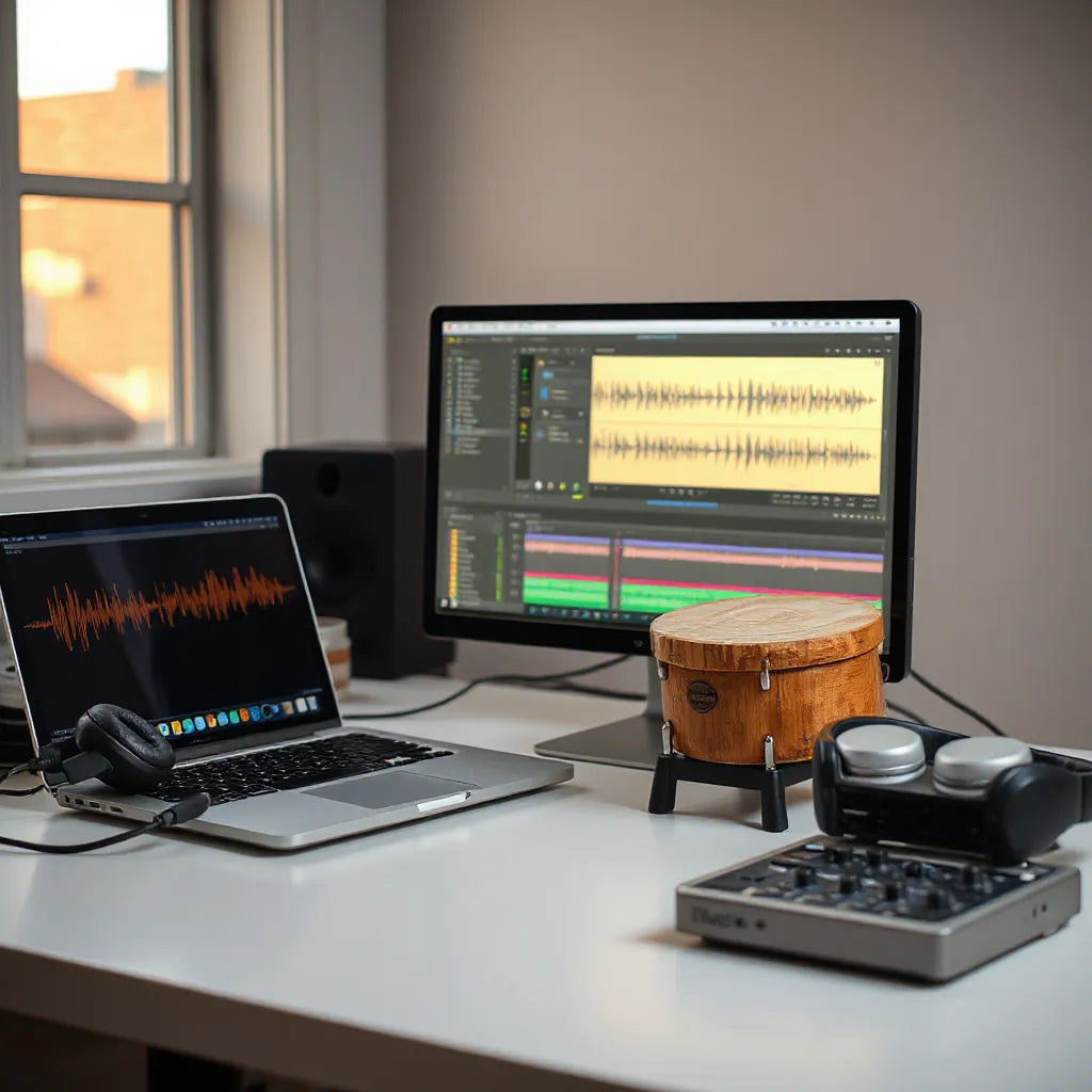 Wood log drum on a studio desk beside headphones and a laptop showing drum waveforms
