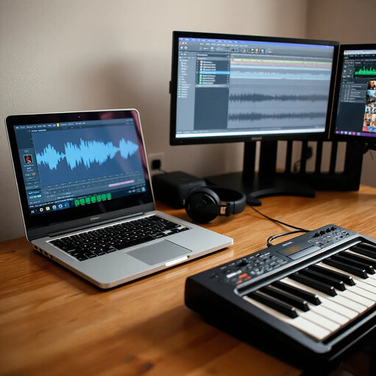 Studio desk with laptop showing audio waveforms, headphones, and a MIDI keyboard
