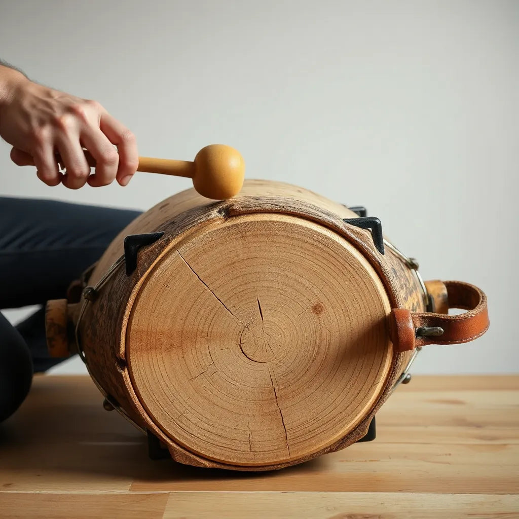 Hands playing a wooden log drum with mallets, showing wood grain and striking points