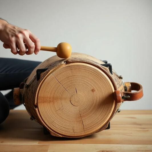 Hands playing a wooden log drum with mallets, showing wood grain and striking points