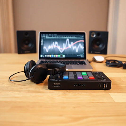 Headphones and a MIDI pad controller beside a laptop showing waveform patterns in a music studio