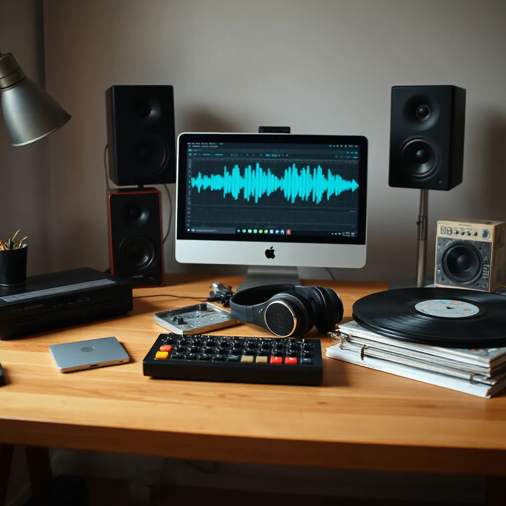 Studio desk with headphones and laptop showing audio waveforms beside beat-making sample media