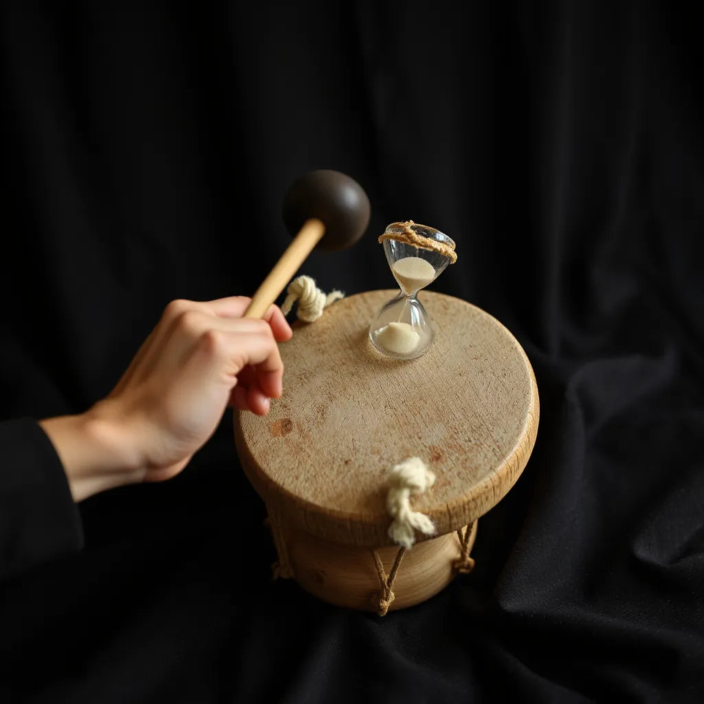 Hands striking an hourglass talking drum with warm stage lighting and visible rope cords