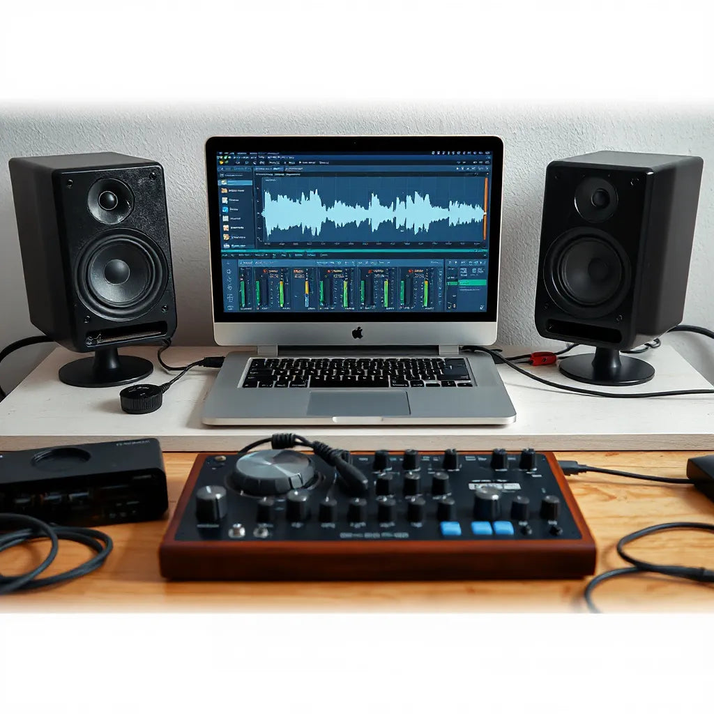 Clean music studio desk with laptop audio software, studio monitors, and MIDI controller for production setup