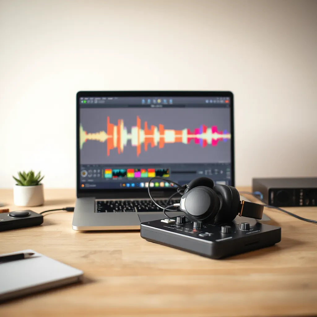 Studio desk setup with headphones and laptop showing waveform blocks for riddim-style drum patterns