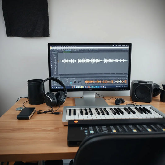 Studio desktop with headphones and a DAW timeline showing drum waveform clips