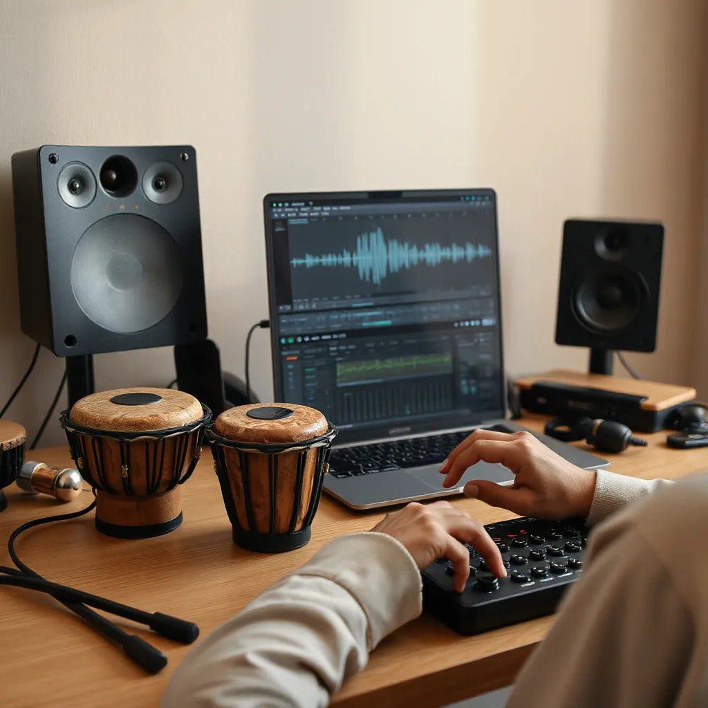 Music producer crafting beats with traditional African percussion and studio gear in a warm recording studio