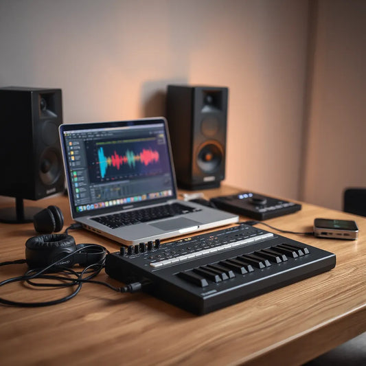 Home studio desk with laptop audio workstation, headphones, audio interface, and MIDI controller