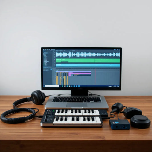 Laptop with a music production interface, MIDI controller, and studio headphones on a tidy desk