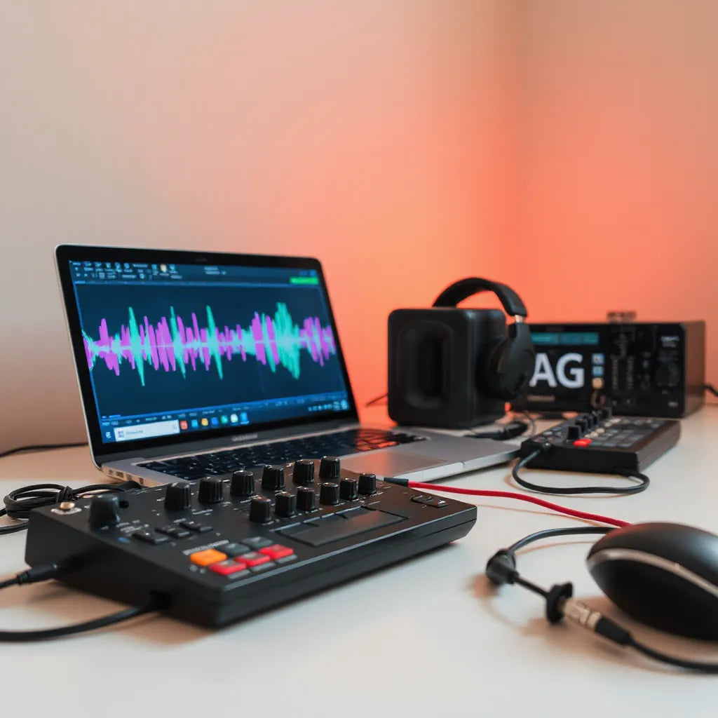 Studio desk setup with headphones, audio cables, and laptop showing audio waveforms