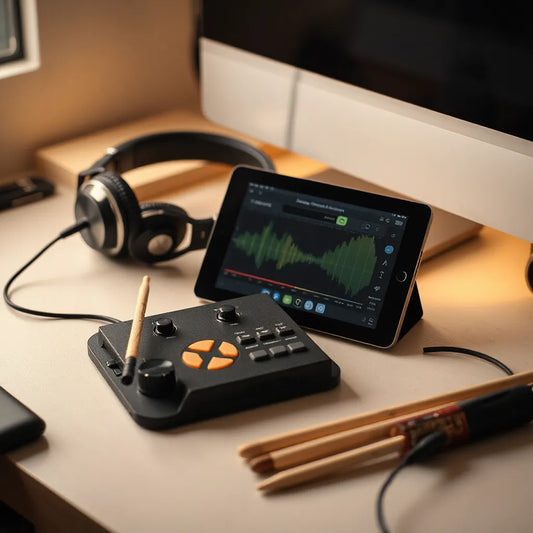 Drum machine on a studio desk with headphones and clean waveform visuals for selecting drum samples