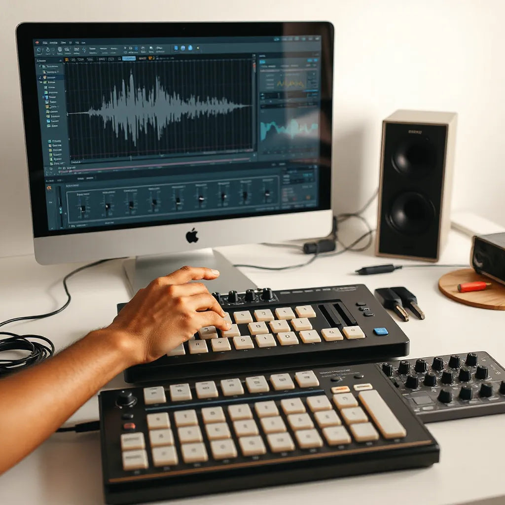 Hands adjusting a MIDI controller beside a mixing console and visible drum waveform patterns on a screen